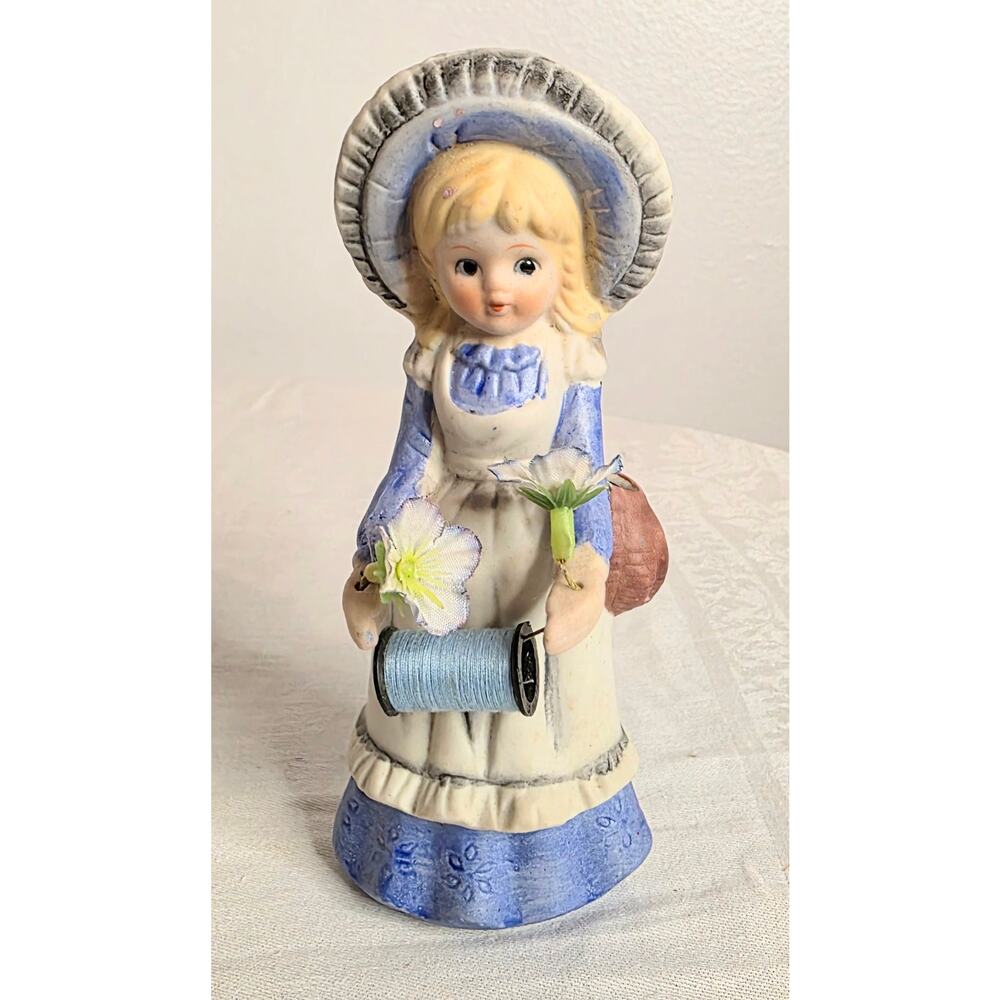 Vintage UCGC Porcelain Figurine Girl Sewing Mender Thread Spool 6" Tall Blue